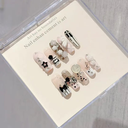 Musical Notes Retro Vintage Y2K Gyaru French Handmade Press On Nails 3D Rose Bow Pearl Pink Fake Nails Cute Long Coffin Nail Art