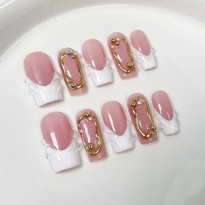 10Pcs Mid-length Square Pink False Nail Dreamy Gradient Ocean-style Nail Art Sweet 3D Flowers Hot Girl Wearable Manicure Fashion