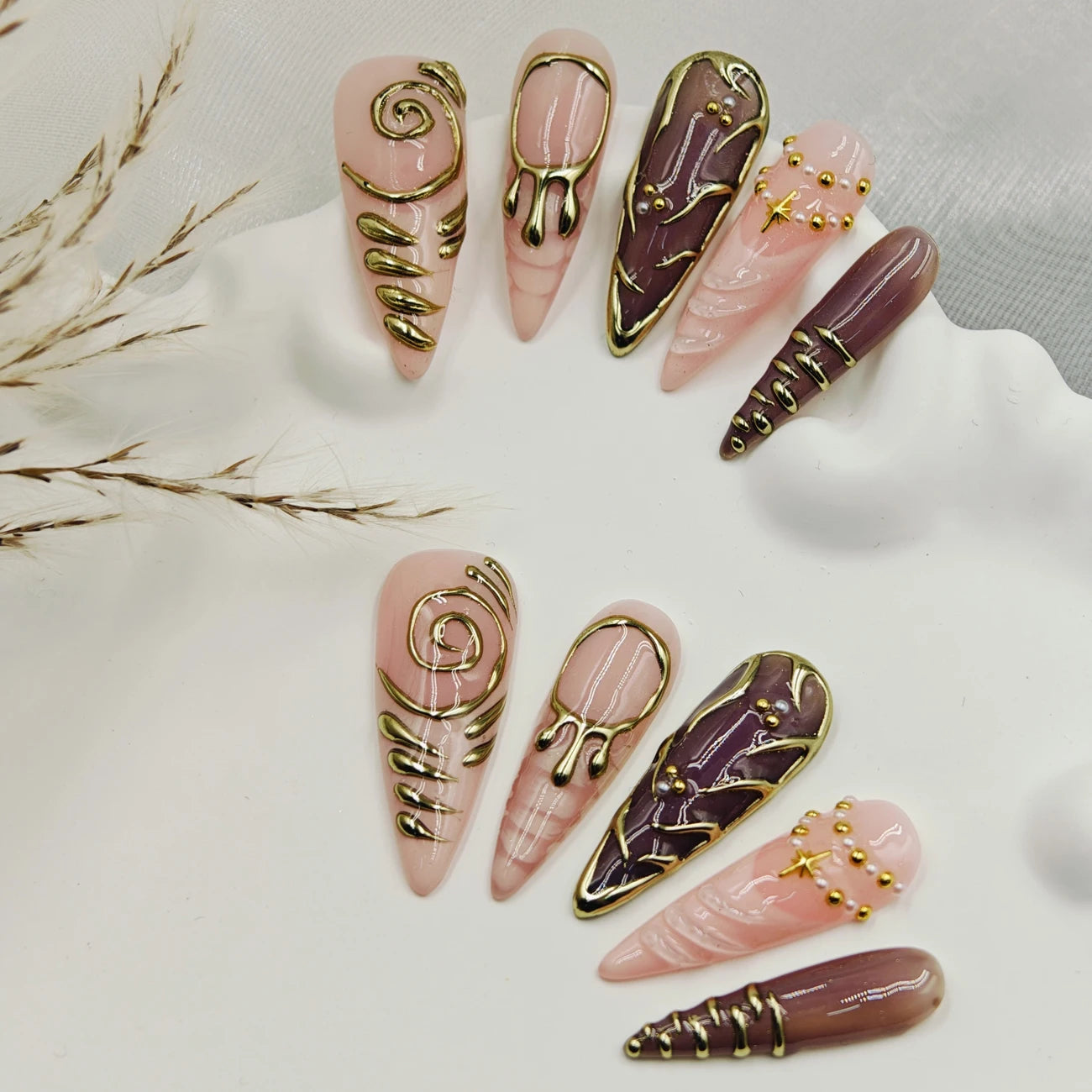 10pcs Handmade Long Stiletto Press On Nails, Nude Pink Burgundy Retro French with Gold Swirl & 3D Star Beads