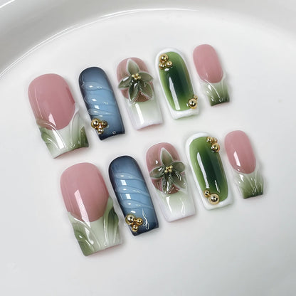 10Pcs Mid-length Square Pink False Nail Dreamy Gradient Ocean-style Nail Art Sweet 3D Flowers Hot Girl Wearable Manicure Fashion