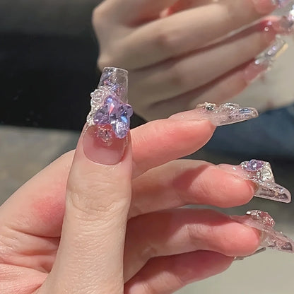 10pcs Handmade Press On Nails,Fantasy butterfly sparkling diamond fake nail design, contrasting color design and flashing love b