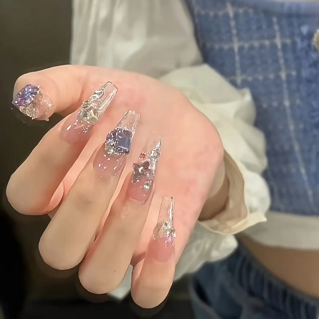10pcs Handmade Press On Nails,Fantasy butterfly sparkling diamond fake nail design, contrasting color design and flashing love b