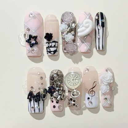 Musical Notes Retro Vintage Y2K Gyaru French Handmade Press On Nails 3D Rose Bow Pearl Pink Fake Nails Cute Long Coffin Nail Art