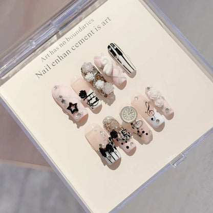 Musical Notes Retro Vintage Y2K Gyaru French Handmade Press On Nails 3D Rose Bow Pearl Pink Fake Nails Cute Long Coffin Nail Art