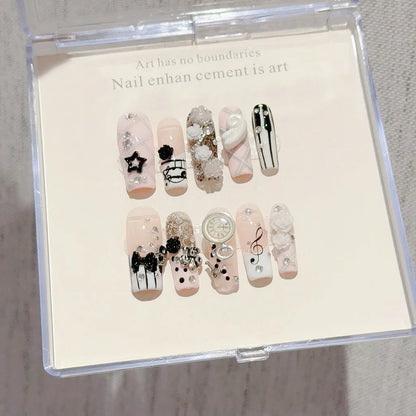 Musical Notes Retro Vintage Y2K Gyaru French Handmade Press On Nails 3D Rose Bow Pearl Pink Fake Nails Cute Long Coffin Nail Art