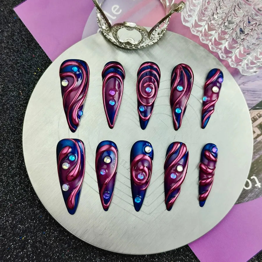 10PCS of handmade press on fake nails, cyberpunk wearable nails, finished nail art, long pointed adhesive fake nails.