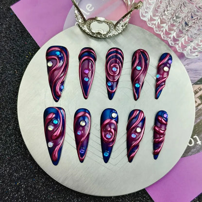 10PCS of handmade press on fake nails, cyberpunk wearable nails, finished nail art, long pointed adhesive fake nails.