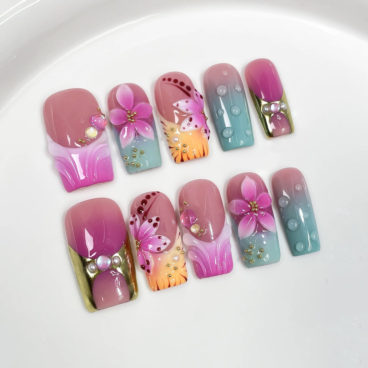 10Pcs Mid-length Square Pink False Nail Dreamy Gradient Ocean-style Nail Art Sweet 3D Flowers Hot Girl Wearable Manicure Fashion