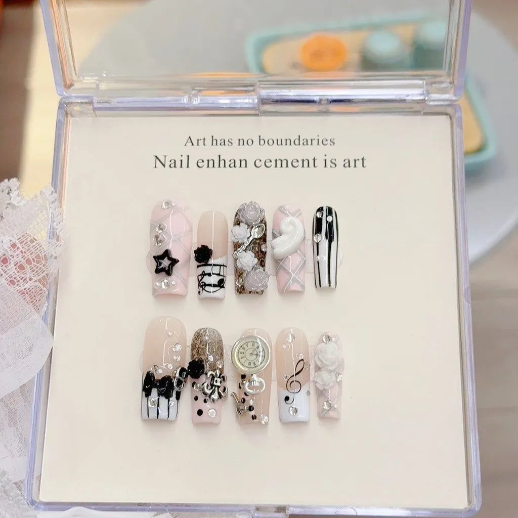Musical Notes Retro Vintage Y2K Gyaru French Handmade Press On Nails 3D Rose Bow Pearl Pink Fake Nails Cute Long Coffin Nail Art