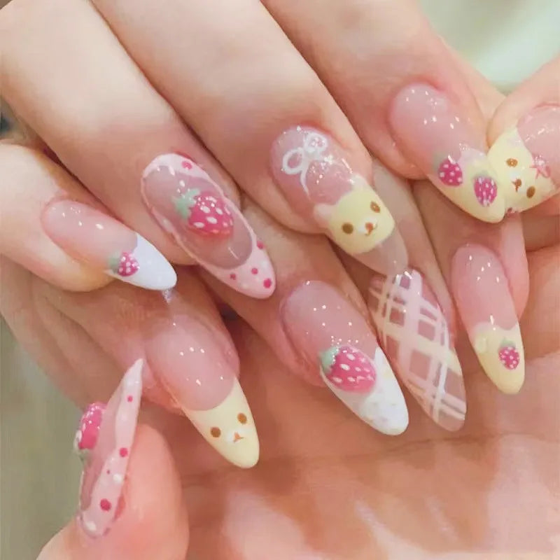 10Pcs Almond Press on Nails with Pink Strawberry Bear Design Acrylic False Nails Cute Full Cover Sweet Girl Wearable Nail Tips
