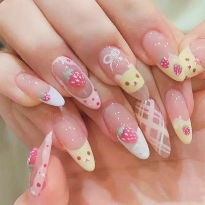 10Pcs Almond Press on Nails with Pink Strawberry Bear Design Acrylic False Nails Cute Full Cover Sweet Girl Wearable Nail Tips