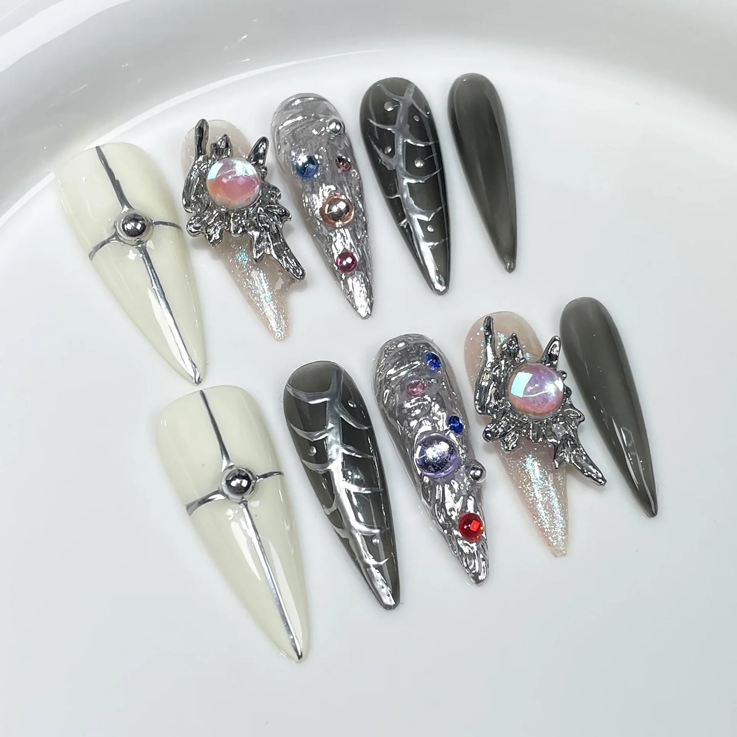 Handmade Press on Nails Punk Cool Black Star Crocodile pattern False Nails Heavy Metal European Black Almond Fake Nail Patches