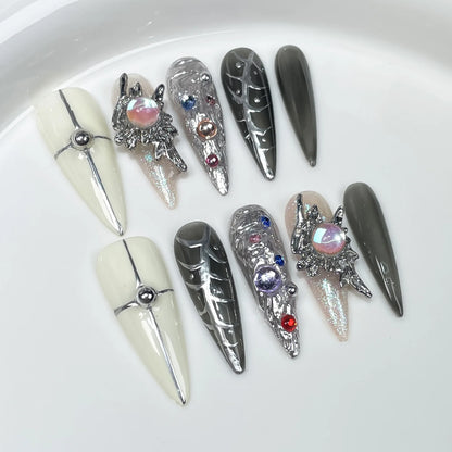 Handmade Press on Nails Punk Cool Black Star Crocodile pattern False Nails Heavy Metal European Black Almond Fake Nail Patches