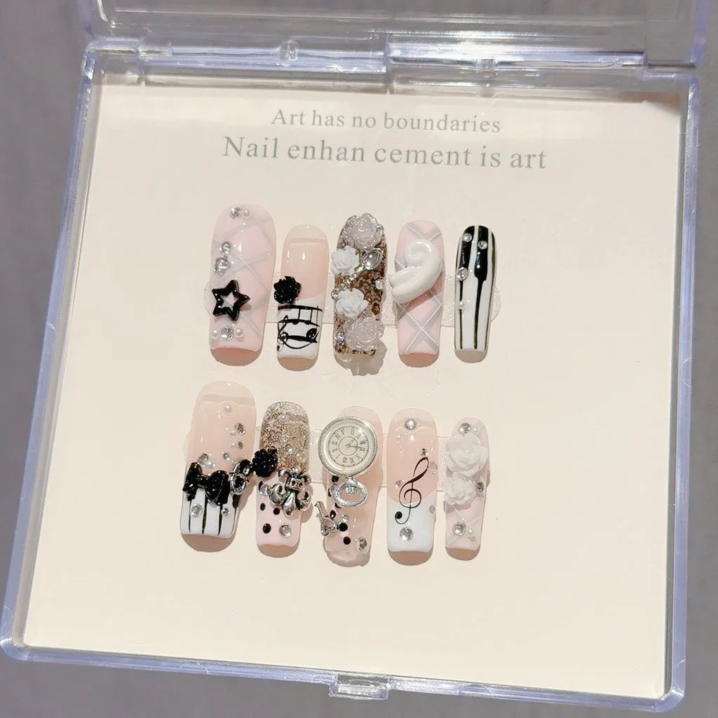 Musical Notes Retro Vintage Y2K Gyaru French Handmade Press On Nails 3D Rose Bow Pearl Pink Fake Nails Cute Long Coffin Nail Art