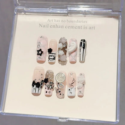 Musical Notes Retro Vintage Y2K Gyaru French Handmade Press On Nails 3D Rose Bow Pearl Pink Fake Nails Cute Long Coffin Nail Art