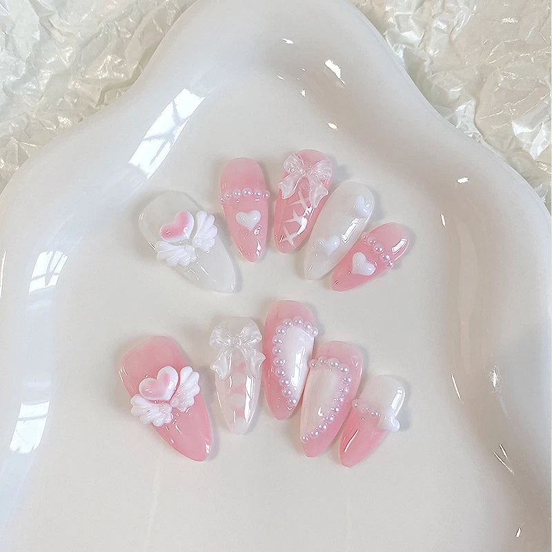 10PCS hand pressed almond shaped nails, beautiful fake nails, sweet heart nail art, pink angel, suitable for women to use