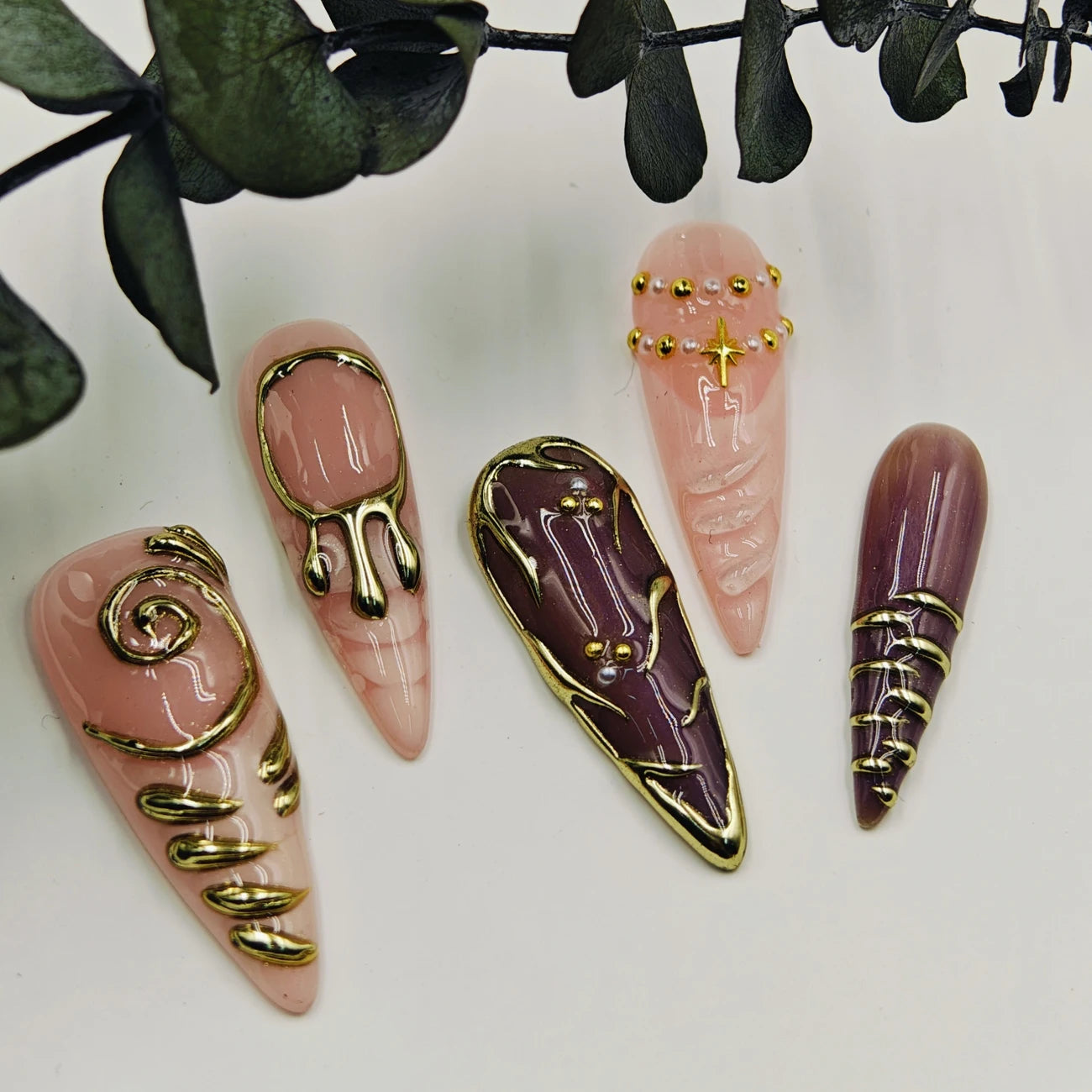 10pcs Handmade Long Stiletto Press On Nails, Nude Pink Burgundy Retro French with Gold Swirl & 3D Star Beads