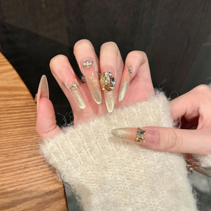 10PCS Handmade Press on Nails Champagne Zircon Diamond Almond Fake Nails Decor Wearable French Elegant Cat's Eye False Nails Art