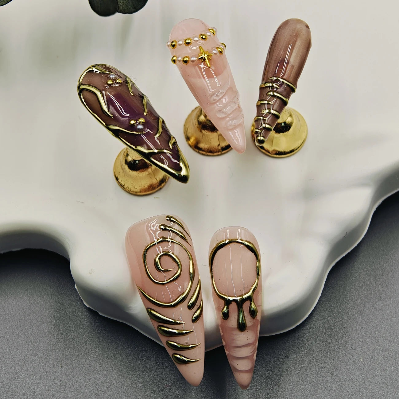 10pcs Handmade Long Stiletto Press On Nails, Nude Pink Burgundy Retro French with Gold Swirl & 3D Star Beads