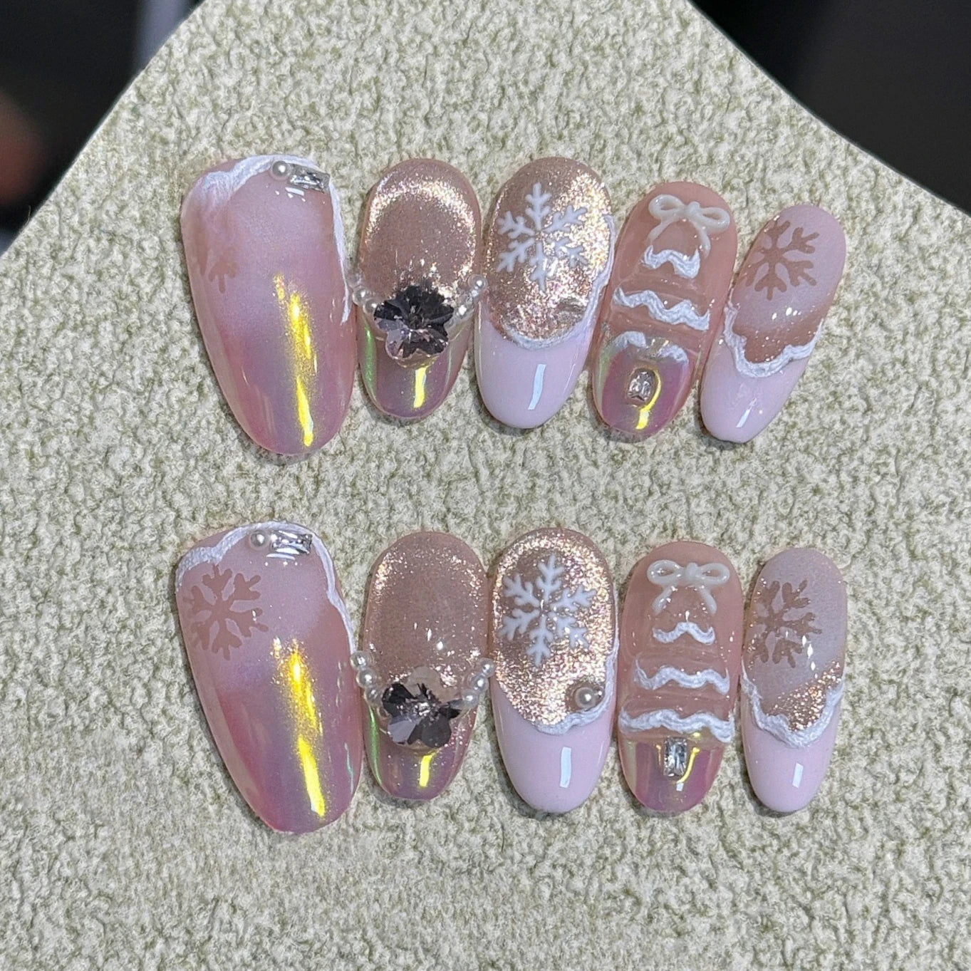 10Pcs Cute Handmade Press on Nails Full Cover Pink Sweet Nail with Rhinestone Wearable Fresh Cat Eye French Almond Oval Manicure