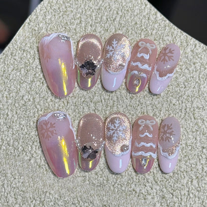 10Pcs Cute Handmade Press on Nails Full Cover Pink Sweet Nail with Rhinestone Wearable Fresh Cat Eye French Almond Oval Manicure