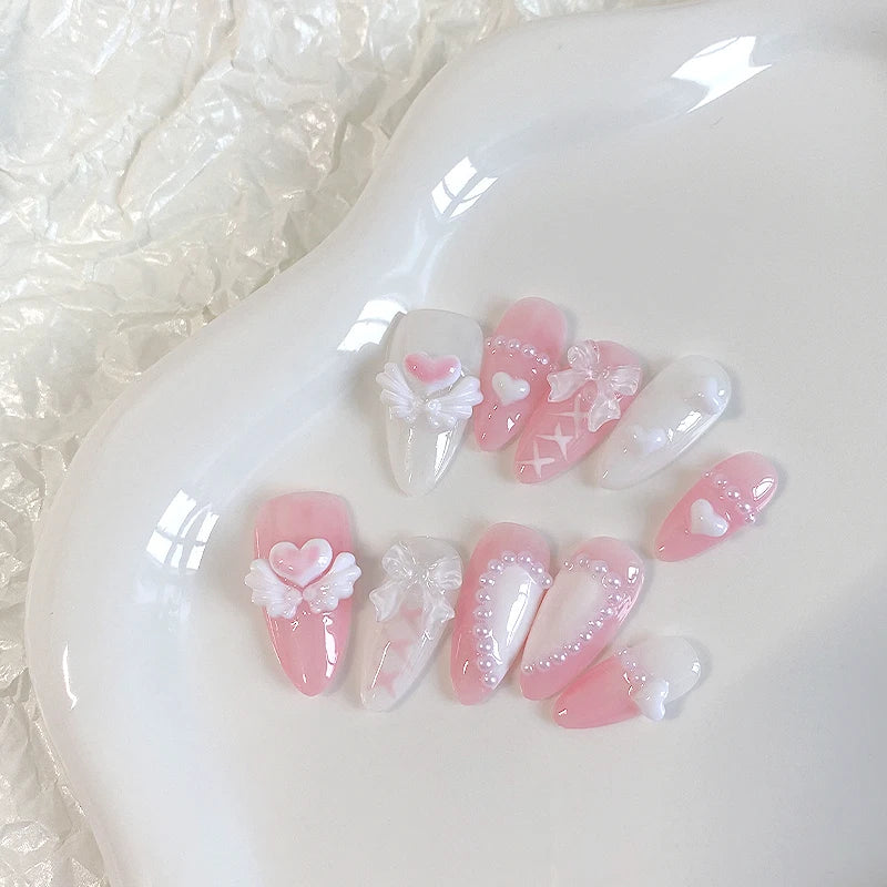 10PCS hand pressed almond shaped nails, beautiful fake nails, sweet heart nail art, pink angel, suitable for women to use
