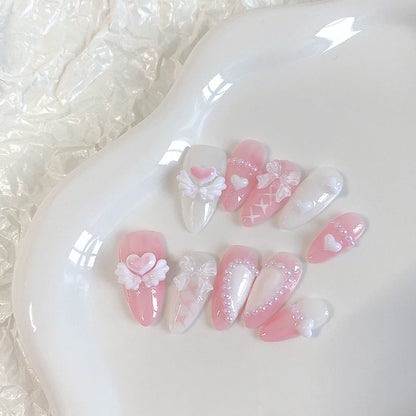 10PCS hand pressed almond shaped nails, beautiful fake nails, sweet heart nail art, pink angel, suitable for women to use