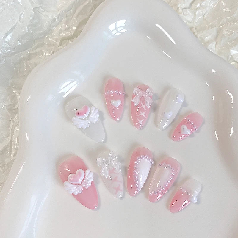 10PCS hand pressed almond shaped nails, beautiful fake nails, sweet heart nail art, pink angel, suitable for women to use
