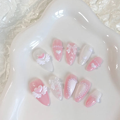 10PCS hand pressed almond shaped nails, beautiful fake nails, sweet heart nail art, pink angel, suitable for women to use