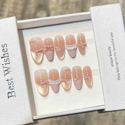10Pcs Cute Handmade Press on Nails Full Cover Pink Sweet Nail with Rhinestone Wearable Fresh Cat Eye French Almond Oval Manicure