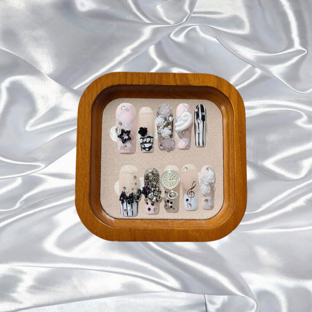 Musical Notes Retro Vintage Y2K Gyaru French Handmade Press On Nails 3D Rose Bow Pearl Pink Fake Nails Cute Long Coffin Nail Art
