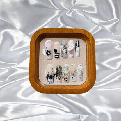 Musical Notes Retro Vintage Y2K Gyaru French Handmade Press On Nails 3D Rose Bow Pearl Pink Fake Nails Cute Long Coffin Nail Art