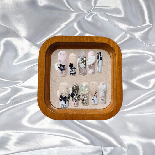 Musical Notes Retro Vintage Y2K Gyaru French Handmade Press On Nails 3D Rose Bow Pearl Pink Fake Nails Cute Long Coffin Nail Art